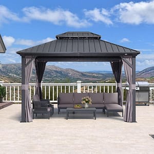 PURPLE LEAF Grey Hardtop Gazebo with Heavy Duty Galvanized Steel Double Roof with Netting and Curtains – Grey / 3M X 3.65M PURPLE LEAF Grey Hardtop Gazebo with Heavy Duty Galvanized Steel Double Roof with Netting and Curtains - Grey / 3M X 3.65M