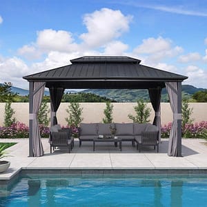 PURPLE LEAF Grey Hardtop Gazebo with Heavy Duty Galvanized Steel Double Roof with Netting and Curtains – Grey / 3M X 4.25M PURPLE LEAF Grey Hardtop Gazebo with Heavy Duty Galvanized Steel Double Roof with Netting and Curtains - Grey / 3M X 4.25M