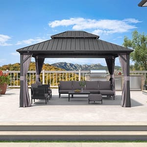 PURPLE LEAF Grey Hardtop Gazebo with Heavy Duty Galvanized Steel Double Roof with Netting and Curtains PURPLE LEAF Grey Hardtop Gazebo with Heavy Duty Galvanized Steel Double Roof with Netting and Curtains