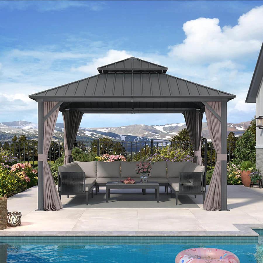 PURPLE LEAF Grey Hardtop Gazebo with Heavy Duty Galvanized Steel Double Roof with Netting and Curtains – Grey / 3.65M X 3.65M PURPLE LEAF Grey Hardtop Gazebo with Heavy Duty Galvanized Steel Double Roof with Netting and Curtains - Grey / 3.65M X 3.65M