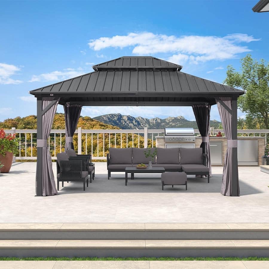 PURPLE LEAF Grey Hardtop Gazebo with Heavy Duty Galvanized Steel Double Roof with Netting and Curtains PURPLE LEAF Grey Hardtop Gazebo with Heavy Duty Galvanized Steel Double Roof with Netting and Curtains