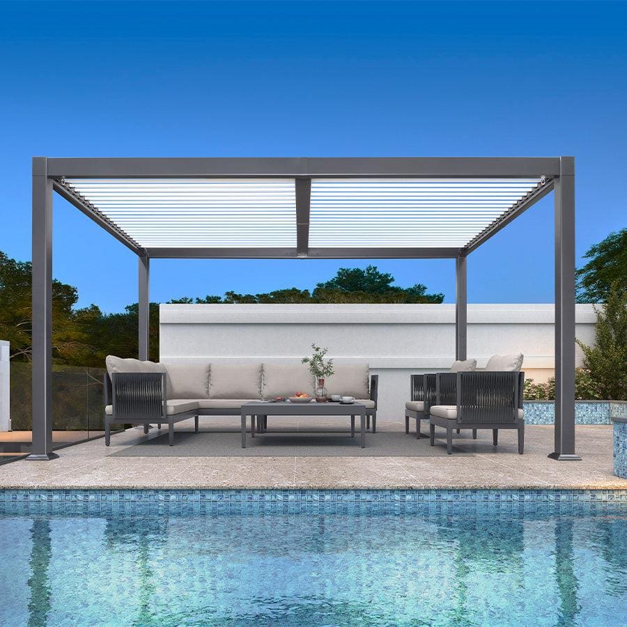 PURPLE LEAF Outdoor Louvered Pergola Patio Sun Shade Shelter with Adjustable Hardtop Patio Pergola Gray Frame White Roof – 3M X 4.25M PURPLE LEAF Outdoor Louvered Pergola Patio Sun Shade Shelter with Adjustable Hardtop Patio Pergola Gray Frame White Roof - 3M X 4.25M
